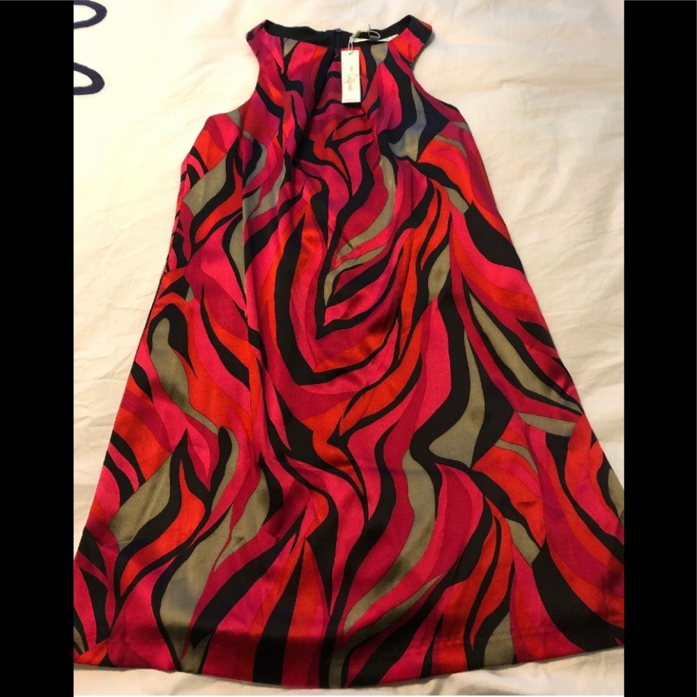 Trina Turk Pink,Red,Tan and Brown Silk Dress